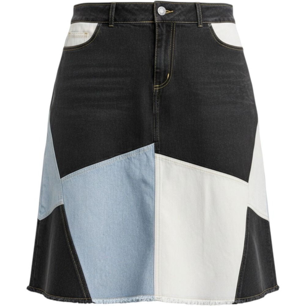 Ashley Stewart Patchwork Denim Skirt Black Blue White Colorblock Size 14 Frayed